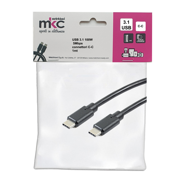 MD_103601 Cavo USB - 3.0 C/C - 100W - 5Mbps - 1 mt - MKC Melchioni - immagine 1