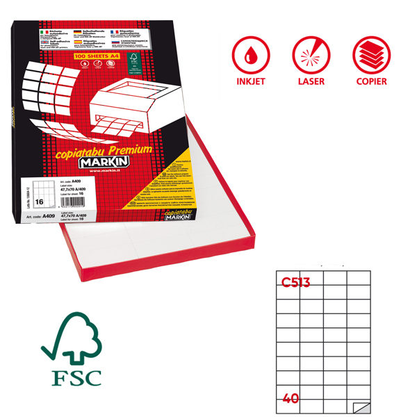 MD_31150 Etichette adesive C/513 - in carta - permanenti - 52,5 x 29,7 mm - 40 et/fg - 100 fogli - bianco - Markin - immagine 1