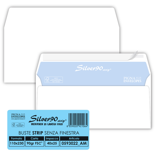 MD_32073 Busta SILVER90 STRIP FSC - bianca - internografata - senza finestra - 110 x 230 mm - 90 gr - Pigna Envelopes - conf. 25 pezzi - immagine 1