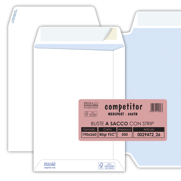 MD_32082 Busta a sacco Competitor FSC - strip adesivo - 19 x 26 cm - 80 gr - bianco - Pigna Envelopes - conf. 500 pezzi - immagine 1