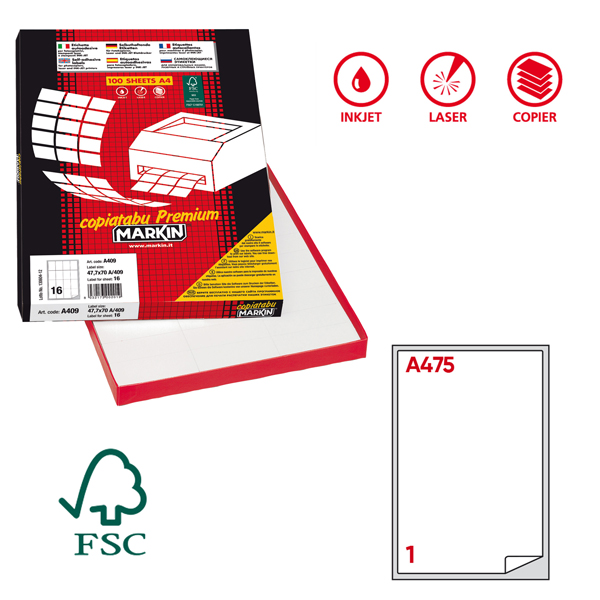 MD_32460 Etichette adesive A/475 - in carta - permanenti - 199,6 x 289,1 mm - 1 et/fg - 100 fogli - bianco - angoli tondi - Markin - immagine 1