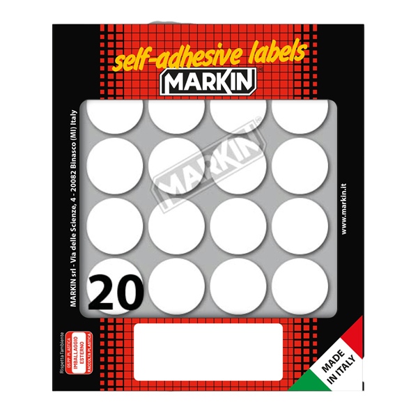 MD_36375 Etichette adesive tonde - in carta - permanenti - diametro 27 mm - 20 et/fg - 10 fogli - bianco - Markin - immagine 1