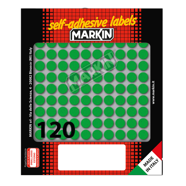 MD_36378 Etichette adesive tonde - in carta - permanenti - diametro 10 mm - 120 et/fg - 10 fogli - verde - Markin - immagine 1