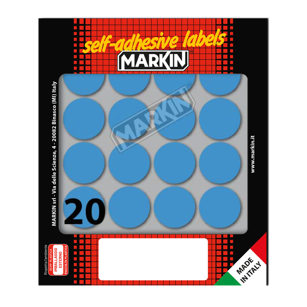 MD_36387 Etichette adesive tonde - in carta - permanenti - diametro 27 mm - 20 et/fg - 10 fogli - blu - Markin - immagine 1