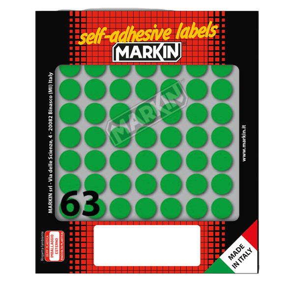 MD_36610 Etichette adesive tonde - in carta - permanenti - diametro 14 mm - 63 et/fg - 10 fogli - verde - Markin - immagine 1