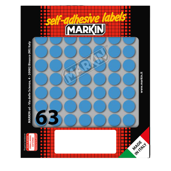 MD_36611 Etichette adesive tonde - in carta - permanenti - diametro 14 mm - 63 et/fg - 10 fogli - blu - Markin - immagine 1