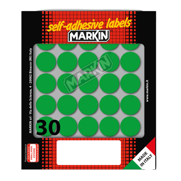 MD_36614 Etichette adesive tonde - in carta - permanenti - diametro 22 mm - 30 et/fg - 10 fogli - verde - Markin - immagine 1