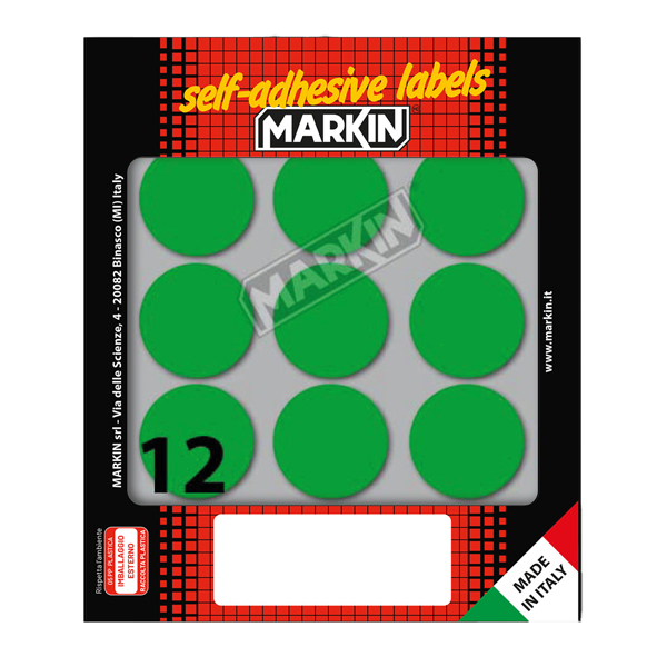 MD_36618 Etichette adesive tonde - in carta - permanenti - diametro 34 mm - 12 et/fg - 10 fogli - verde - Markin - immagine 1