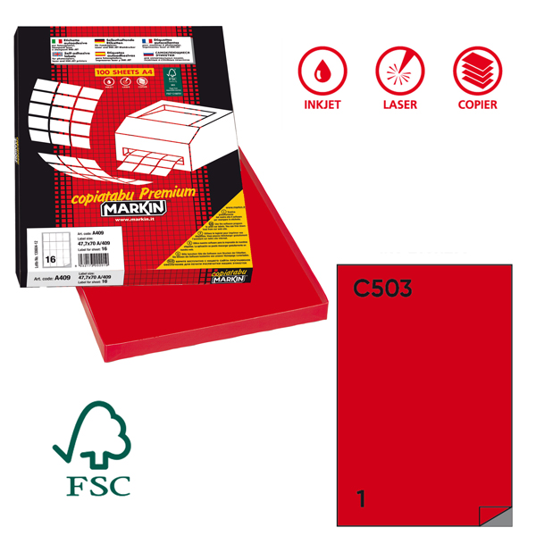 MD_36908 Etichette adesive C/503 - in carta - permanenti - 210 x 297 mm - 1 et/fg - 100 fogli - rosso - Markin - immagine 1