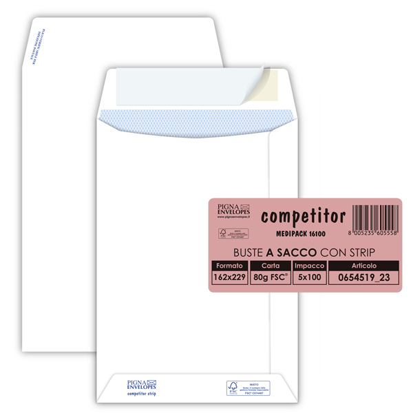 MD_36982 Busta a sacco Competitor FSC - strip adesivo - 16 x 23 cm - 80 gr - bianco - Pigna Envelopes - conf. 100 pezzi - immagine 1