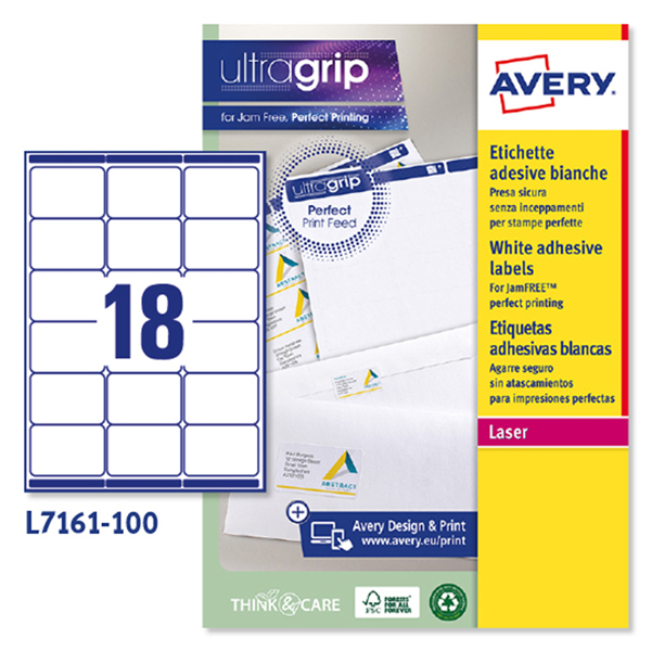 MD_45179 Etichette adesive L7161 - in carta - angoli arrotondati - laser - permanenti - 63,5 x 46,6 mm - 18 et/fg - 100 fogli - bianco - Avery - immagine 1