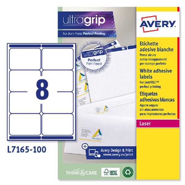 MD_45182 Etichette adesive L7165 - in carta - angoli arrotondati - laser - permanenti - 99,1 x 67,7 mm - 8 et/fg - 100 fogli - bianco - Avery - immagine 1