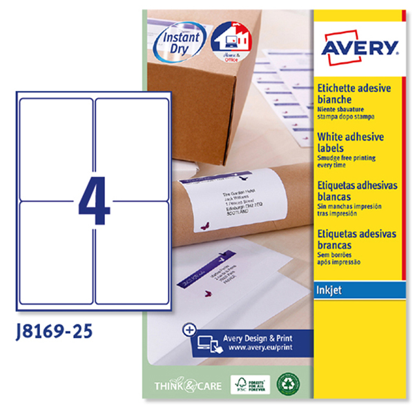 MD_45197 Etichette adesive J8169 - in carta - angoli arrotondati - inkjet - permanenti - 99,1 x 139 mm - 4 et/fg - 25 fogli - bianco - Avery - immagine 1