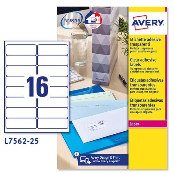 MD_45200 Etichette adesive L7562 - in poliestere - laser - permanenti - 99,1 x 34 mm - 16 et/fg - 25 fogli - trasparente - Avery - immagine 1