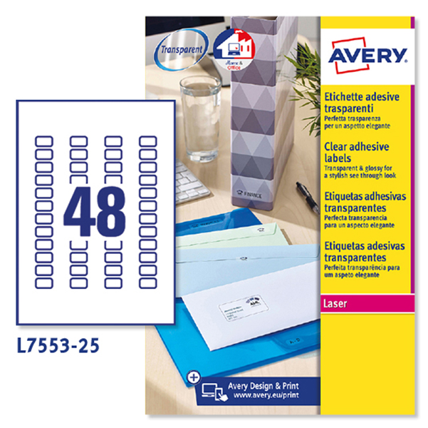 MD_45210 Etichette adesive L7553 - in poliestere - laser - permanenti - 22 x 12,7 mm - 48 et/fg - 25 fogli - trasparente - Avery - immagine 1