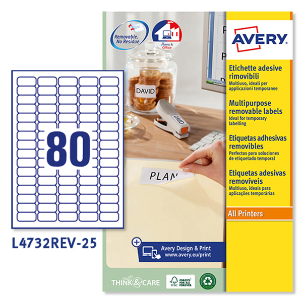 MD_45214 Etichette adesive L4732REV - in carta - angoli arrotondati - rimovibili - 35,6 x 16,9 mm - 80 et/fg - 25 fogli - bianco - Avery - immagine 1