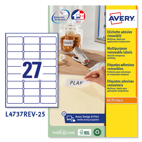 MD_45216 Etichette adesive L4737REV - in carta - angoli arrotondati - rimovibili - 63,5 x 29,6 mm - 27 et/fg - 25 fogli - bianco - Avery - immagine 1