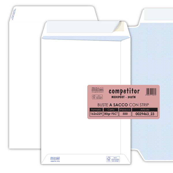 MD_46159 Busta a sacco Competitor FSC - strip adesivo - 16 x 23 cm - 80 gr - bianco - Pigna Envelopes - conf. 500 pezzi - immagine 1