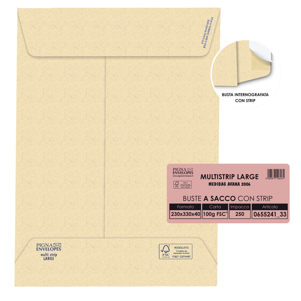 MD_46964 Busta a sacco Multi Strip Large - soffietti laterali - strip adesivo - 23 x 33 x 4 cm - 100 gr - carta riciclata FSC - avana - Pigna Envelopes - conf. 250 pezzi - immagine 1