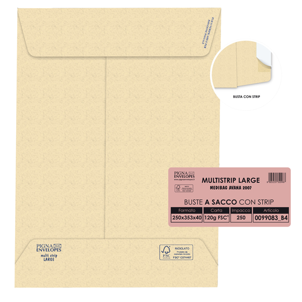 MD_46965 Busta a sacco Multi Strip Large - soffietti laterali - strip adesivo - 25 x 35,3 x 4 cm - 120 gr - carta riciclata FSC - avana - Pigna Envelopes - conf. 250 pezzi - immagine 1