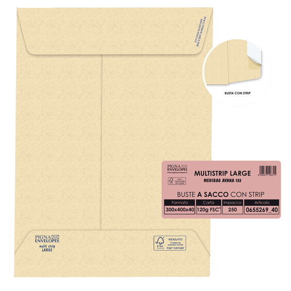 MD_46966 Busta a sacco Multi Strip Large - soffietti laterali - strip adesivo - 30 x 40 x 4 cm - 120 gr - carta riciclata FSC - avana - Pigna Envelopes - conf. 250 pezzi - immagine 1