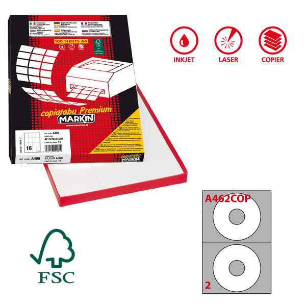 MD_49688 Etichette adesive A/462 - in carta - permanenti - diametro CD 117,5 mm - foro 41 mm - 2 et/fg - 100 fogli - bianco coprente - Markin - immagine 1
