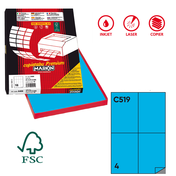 MD_49693 Etichette adesive C/519 - in carta - permanenti - 105 x 148,5 mm - 4 et/fg - 100 fogli - blu - Markin - immagine 1