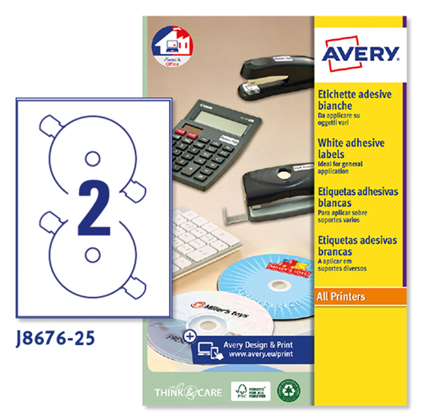 MD_53139 Etichette adesive J8676 - in carta - inkjet - permanenti - diametro CD 117 mm - 2 et/fg - 25 fogli - bianco opaco - Avery - immagine 1