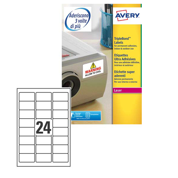 MD_58164 Etichette adesive extra strong L6141 - in poliestere - laser - permanenti - 63,5 x 33,9 mm - 24 et/fg - 20 fogli - bianco - Avery - immagine 1