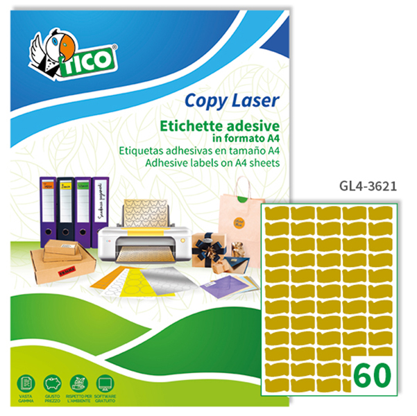 MD_65020 Etichette adesive sagomate GL4 - in carta - permanenti - 36 x 21 mm - 60 et/fg - 100 fogli - oro satinato - Tico - immagine 1