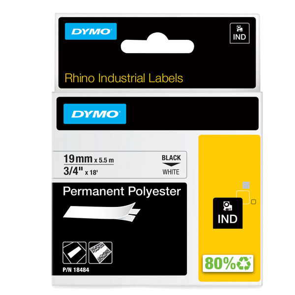 MD_66531 Nastro Rhino 18484 - 19 mm x 5,5 mt - poliestere permanente - nero/bianco - Dymo - immagine 1