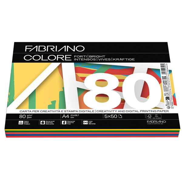 MD_67748 Carta Fabriano Colore - A4 - 80 gr - mix 5 colori forti - Fabriano - conf. 250 fogli - immagine 1