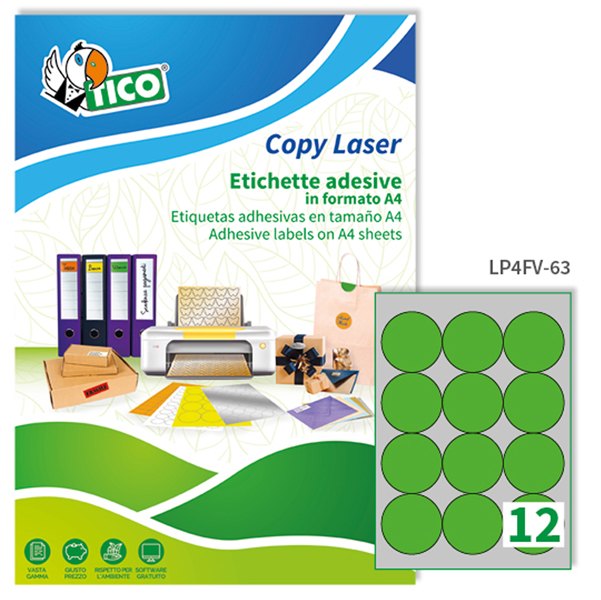MD_68628 Etichette adesive tonde LP4F - in carta - con margini - permanenti - diametro 63,5 mm - 12 et/fg - 70 fogli - verde fluo - Tico - immagine 1