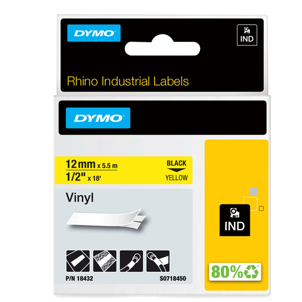 MD_70882 Nastro Rhino 18432 - 12 mm x 5,5 mt - vinile - permanente - nero/giallo - Dymo - immagine 1