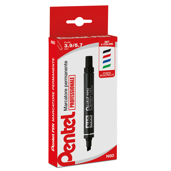 MD_70897 Marcatore permanente N60 - punta scalpello - astuccio 4 colori assortiti - Pentel - immagine 1