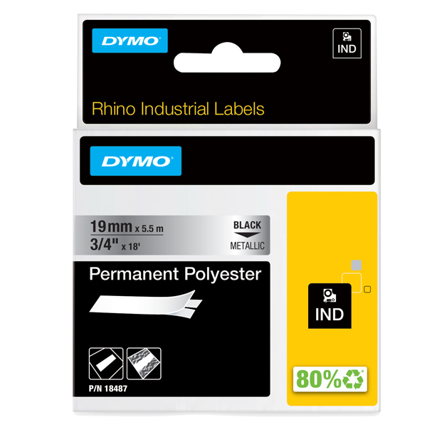 MD_72184 Nastro Rhino 18487 - 19 mm x 5,5 mt - poliestere - permanente - nero/metallo - Dymo - immagine 1