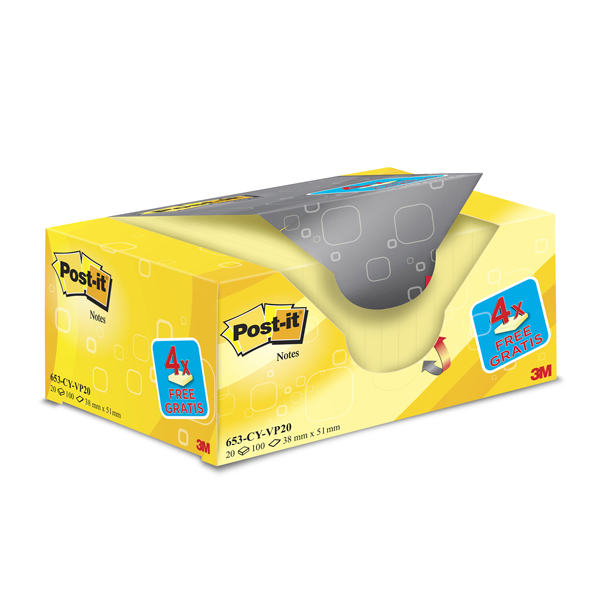 653CY-VP20.eps Blocco foglietti Post-it - 653CY-VP20 - 38 x 51 mm - 72 gr - giallo Canary - Post-it - conf. 20 blocchi - immagine 1