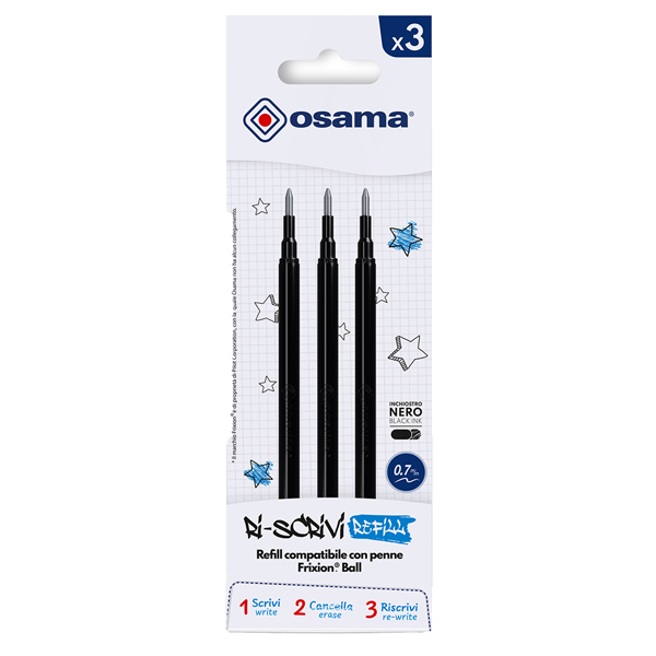 MD_73379 Refill per penne gel cancellabili - punta 0,7 mm - nero - Osama - conf. 3 pezzi - immagine 1