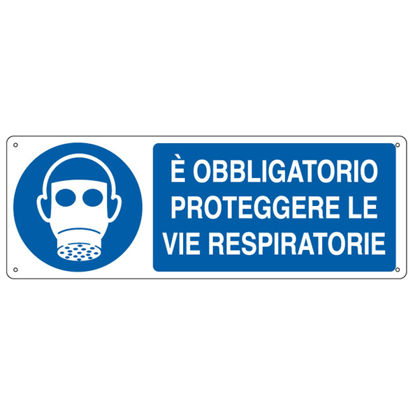 MD_79814 Cartello segnalatore - 35x12,5 cm - E' OBBLIGATORIO PROTEGGERE LE VIE RESPIRATORIE - alluminio - Cartelli Segnalatori - immagine 1