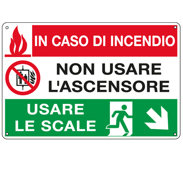 MD_79832 Cartello segnalatore multisimbolo - 30x20 cm - IN CASO DI INCENDIO NON USARE L'ASCENSORE… - alluminio - Cartelli Segnalatori - immagine 1