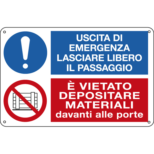 MD_79833 Cartello segnalatore multisimbolo - 30x20 cm - USCITA DI EMERGENZA…/E' VIETATO DEPOSITARE… - alluminio - Cartelli Segnalatori - immagine 1