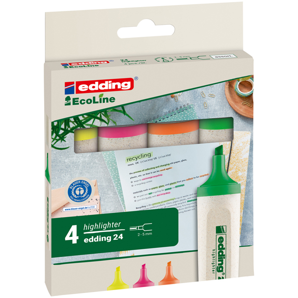MD_79940 Evidenziatore 24 EcoLine - punta scalpello - da 2 a 5 mm - colori assortiti - Edding - astuccio 4 pezzi - immagine 1