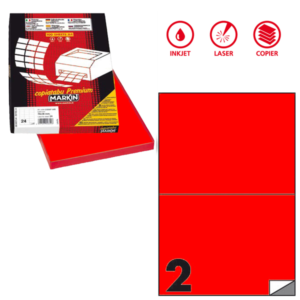MD_80175 Etichette adesive C/509 - in carta - permanenti - 210 x 148,5 mm - 2 et/fg - 100 fogli - rosso fluo - Markin - immagine 1