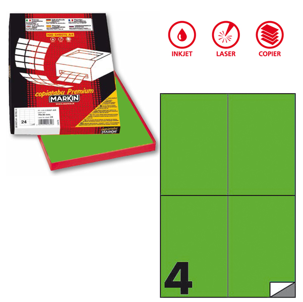MD_80182 Etichette adesive C/519 - in carta - permanenti - 105 x 148,5 mm - 4 et/fg - 100 fogli - verde fluo - Markin - immagine 1