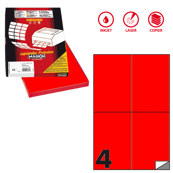 MD_80183 Etichette adesive C/519 - in carta - permanenti - 105 x 148,5 mm - 4 et/fg - 100 fogli - rosso fluo - Markin - immagine 1