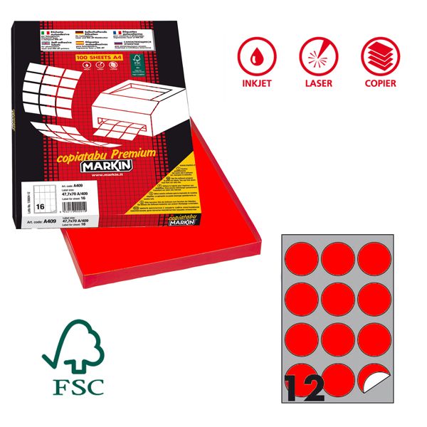 MD_80187 Etichette adesive R/310 - in carta - permanenti - tonde - diametro 60 mm - 12 et/fg - 100 fogli - rosso fluo - Markin - immagine 1