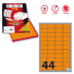 Etichette adesive A/406 - in carta - permanenti - 47,5 x 25,5 mm - 44 et/fg - 100 fogli - arancio fluo - angoli tondi - Markin