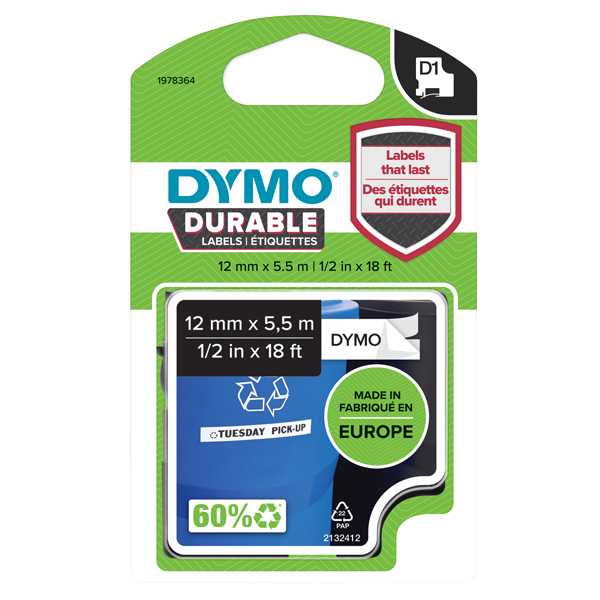 MD_80347 Nastro D1 Durable 1978364 - 12 mm x 5,5 mt - vinile - nero/bianco - Dymo - immagine 1