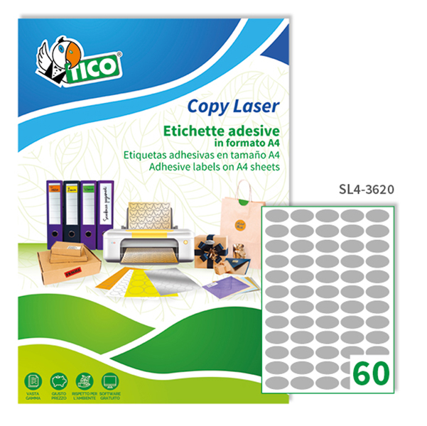MD_83252 Etichette adesive ovali SL4 - in carta - permanenti - 36 x 20 mm - 60 et/fg - 100 fogli - argento satinato - Tico - immagine 1