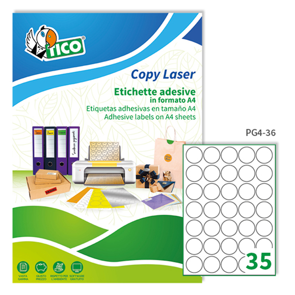MD_83255 Etichette adesive tonde PG4 - in carta - laser - permanenti - diametro 36 mm - 35 et/fg - 100 fogli - bianco lucido - Tico - immagine 1